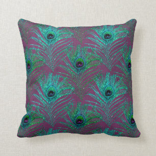 Blauwgroen Peacock-veren op Paars Kussen