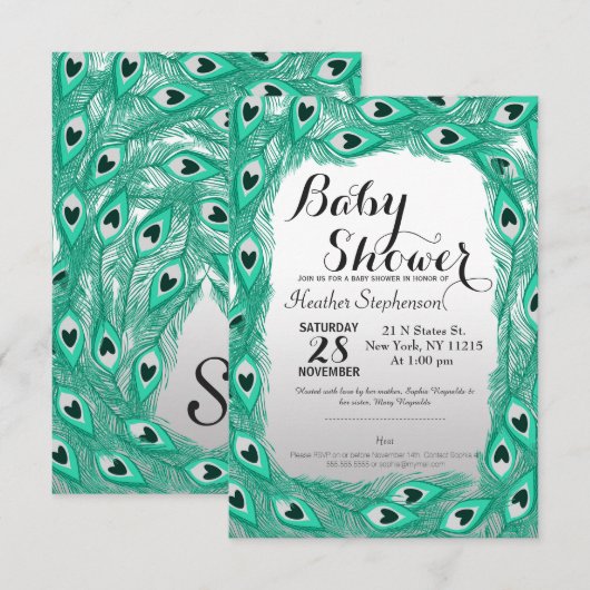 Blauwgroen Peacock-veren op witte tot grijze gradi Kaart (Voorkant / Achterkant)