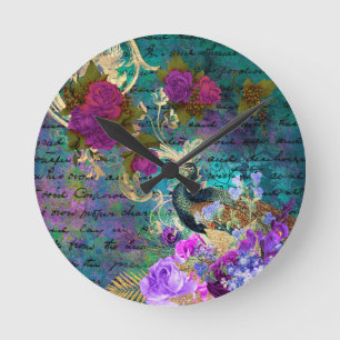 Blauwgroen peacocks Franse acrylwandklok Ronde Klok