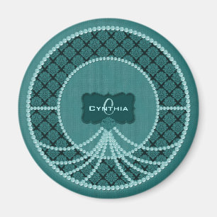 Blauwgroen Pearl Damask-Round Magnet