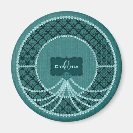 Blauwgroen Pearl Damask-Round Magnet (Voorkant)