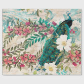  Blauwgroen pekock en roze Floral Cadeaupapier (Vlak)