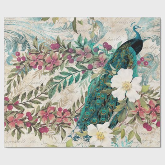  Blauwgroen pekock en roze Floral Cadeaupapier (Vlak)