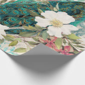  Blauwgroen pekock en roze Floral Cadeaupapier (Hoek)