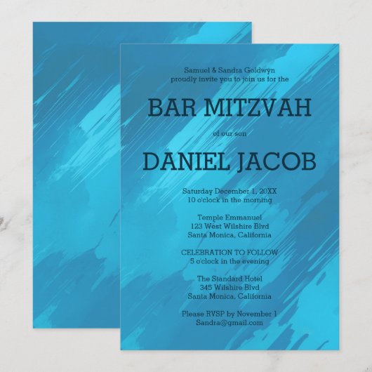 Blauwgroen penseelstreken Aangepaste BAR BAT MITZV Kaart (Voorkant / Achterkant)