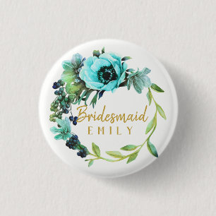 Blauwgroen Peony Wreath Bridesmaid Name ID456 Ronde Button 3,2 Cm