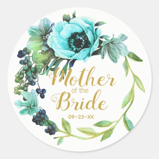 Blauwgroen Peony Wreath Moeder van de Bride ID456 Ronde Sticker (Voorkant)