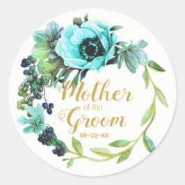 Blauwgroen Peony Wreath Moeder van de Groom ID456 Ronde Sticker