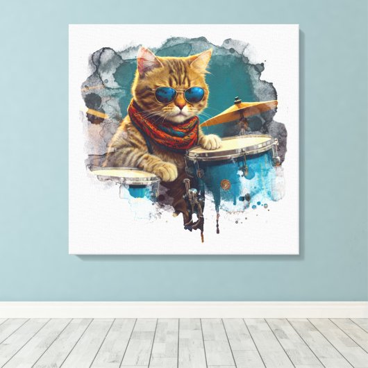 *~* BLAUWGROEN percussionist Cool Cat AP91 DRUMMER Canvas Afdruk (Insitu (Houten vloer))
