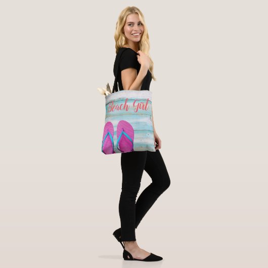 Blauwgroen perhout Roze Teenslippers Canvas tas (Op model)