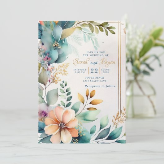 Blauwgroen Perzik Bloemen Greenery Goud bruiloft u Kaart (Staand voorkant)