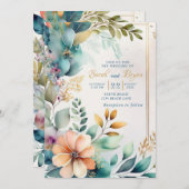 Blauwgroen Perzik Bloemen Greenery Goud bruiloft u Kaart (Voorkant / Achterkant)