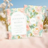 Blauwgroen perzik roze bloemen klassieke bruiloft  kaart