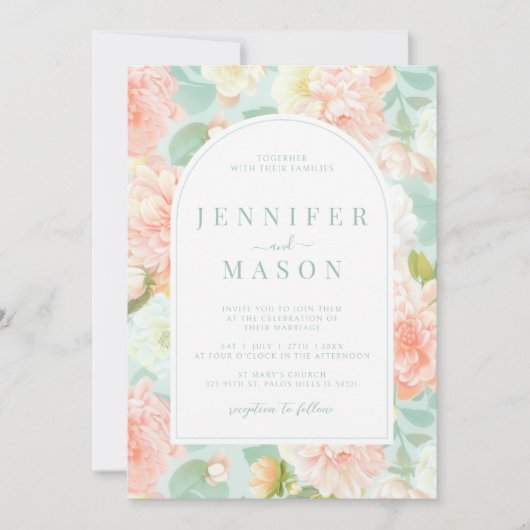Blauwgroen perzik roze bloemen klassieke bruiloft kaart (Voorkant)