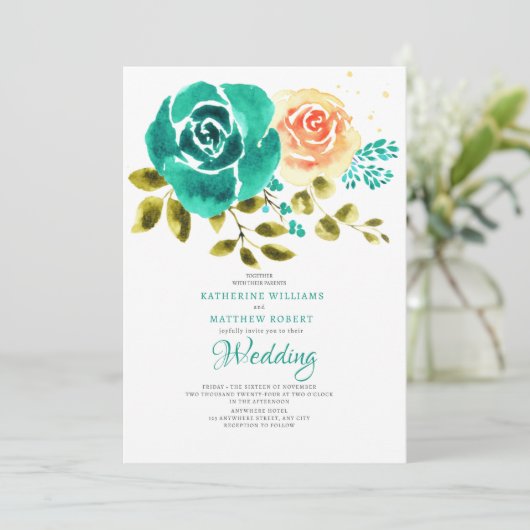 Blauwgroen perzik Rozen bloemenbruiloft Kaart (Staand voorkant)