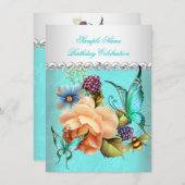 Blauwgroen Perzische Rozen Boterfly Birthday Kaart (Voorkant / Achterkant)