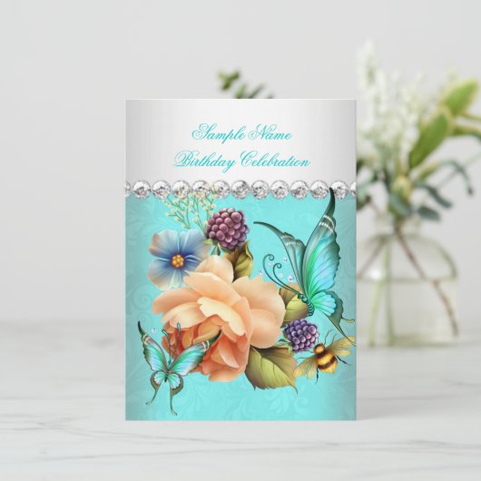 Blauwgroen Perzische Rozen Boterfly Birthday Kaart (Staand voorkant)