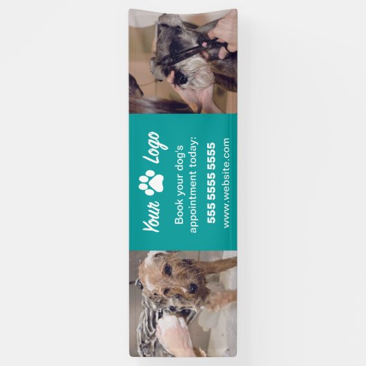 Blauwgroen Pet Business Banner met 2 foto's en Log (Verticaal)