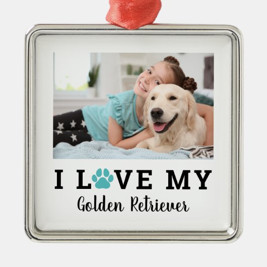 Blauwgroen Pet Paw Print Custom Hondenras Foto Metalen Ornament (Voorkant)