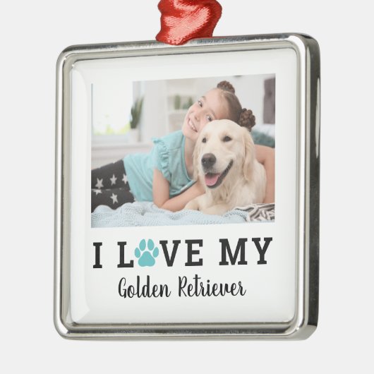 Blauwgroen Pet Paw Print Custom Hondenras Foto Metalen Ornament (Links)