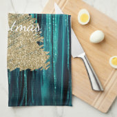 Blauwgroen Pine Green Tinsel Gouden Kerstboom Theedoek (Quarter Fold)