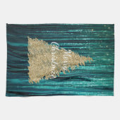 Blauwgroen Pine Green Tinsel Gouden Kerstboom Theedoek (Horizontaal)