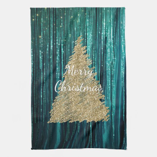 Blauwgroen Pine Green Tinsel Gouden Kerstboom Theedoek (Verticaal)