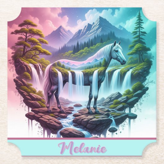Blauwgroen Pink Horse Mountain Waterval Onderzette Kartonnen Onderzetters (Voorkant)