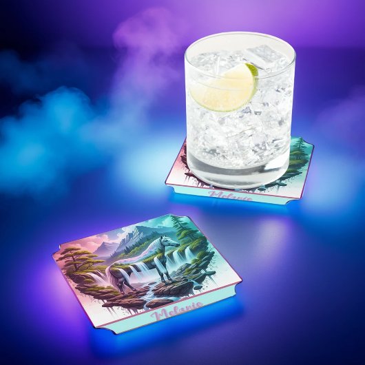 Blauwgroen Pink Horse Mountain Waterval Onderzette Kartonnen Onderzetters