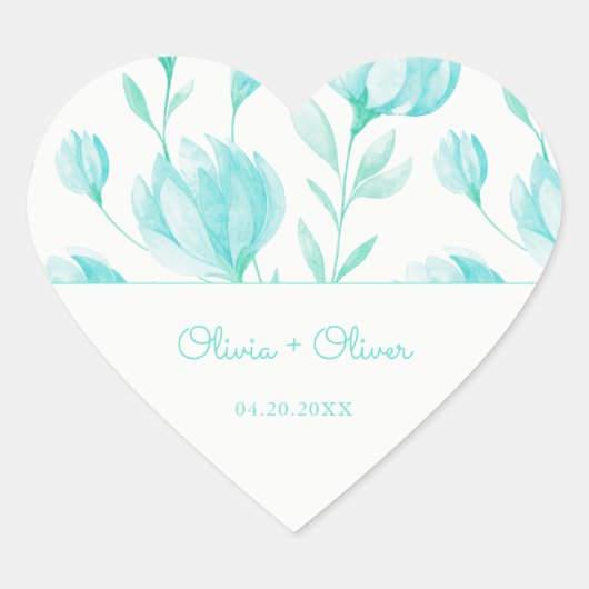 Blauwgroen pioenen bruiloft hart sticker (Voorkant)