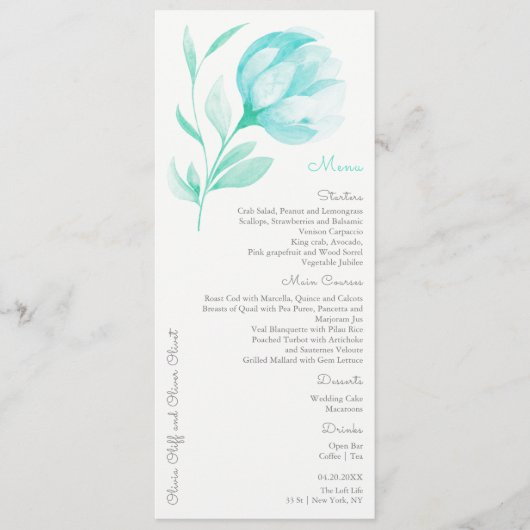 Blauwgroen pioenen bruiloft menu (Voorkant)