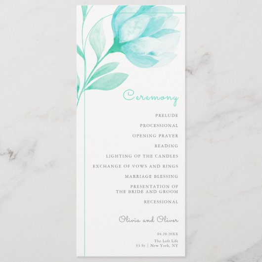 Blauwgroen pioenen bruiloft programmakaart (Voorkant)