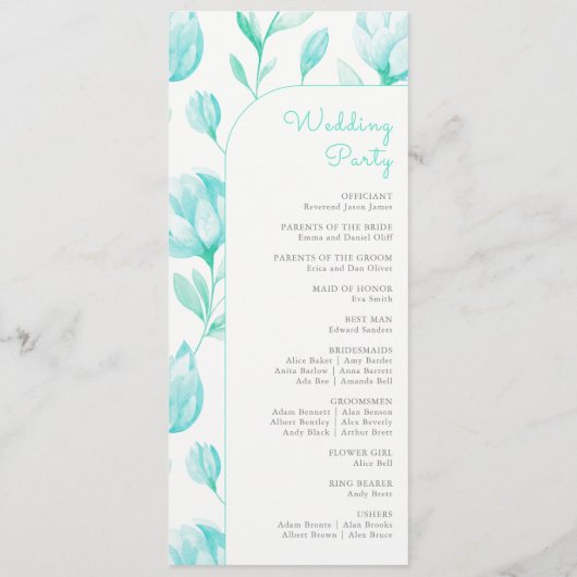 Blauwgroen pioenen bruiloft programmakaart (Achterkant)