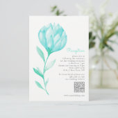 Blauwgroen pioenen bruiloft receptie informatiekaartje (Staand voorkant)