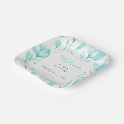 Blauwgroen pioenen bruiloft welkom papieren bordje (Gebogen)