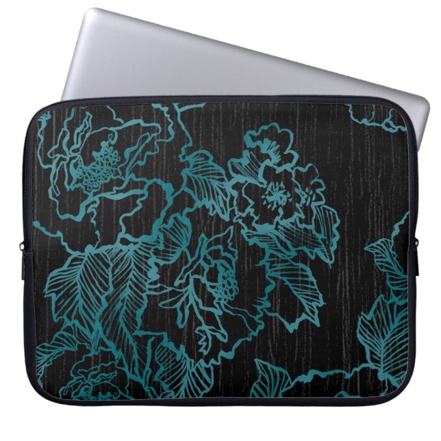 Blauwgroen pioenen op Elegant Zwart Laptop Sleeve (Voorkant)