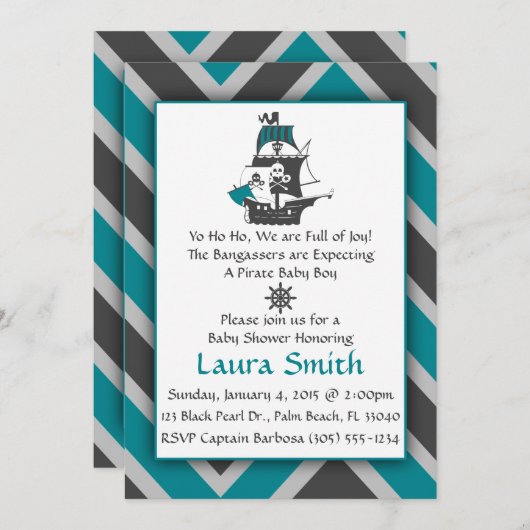 Blauwgroen Pirate Baby shower Uitnodiging (Voorkant / Achterkant)