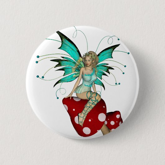 Blauwgroen pixie en paddenstoelen 3D Ronde Button 5,7 Cm (Voorkant)