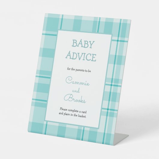 Blauwgroen plaid baby advies tabel teken reclamebord met voetstuk (Voorkant)