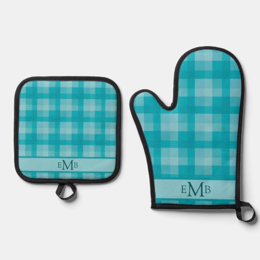 Blauwgroen Plaid Custom Monogram Initialen Ovenwant & Pannenlap Set (Voorkant)