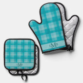 Blauwgroen Plaid Custom Monogram Initialen Ovenwant & Pannenlap Set (Voorkant / Achterkant)