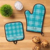 Blauwgroen Plaid Custom Monogram Initialen Ovenwant & Pannenlap Set (Top down)