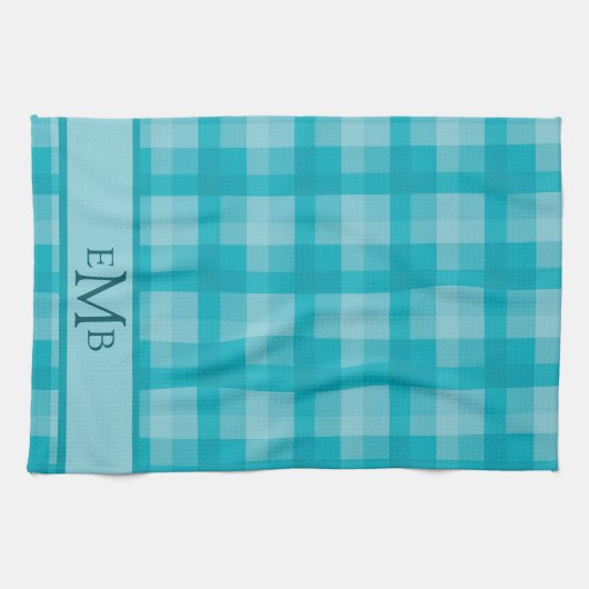 Blauwgroen Plaid Custom Monogram Initialen Theedoek (Horizontaal)