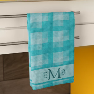Blauwgroen Plaid Custom Monogram Initialen Theedoek