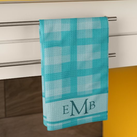 Blauwgroen Plaid Custom Monogram Initialen Theedoek