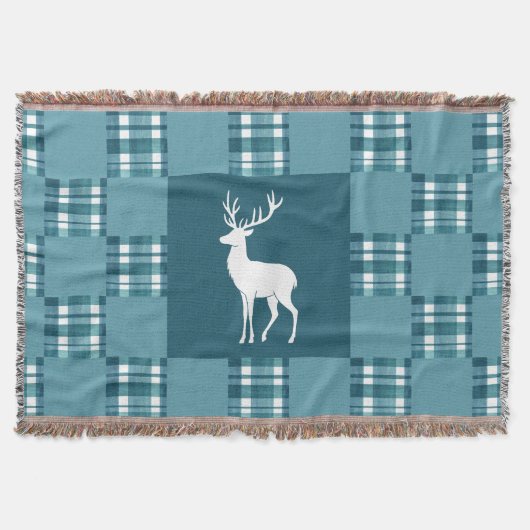 Blauwgroen Plaid met White Deer Silhouette Deken (Voorkant)