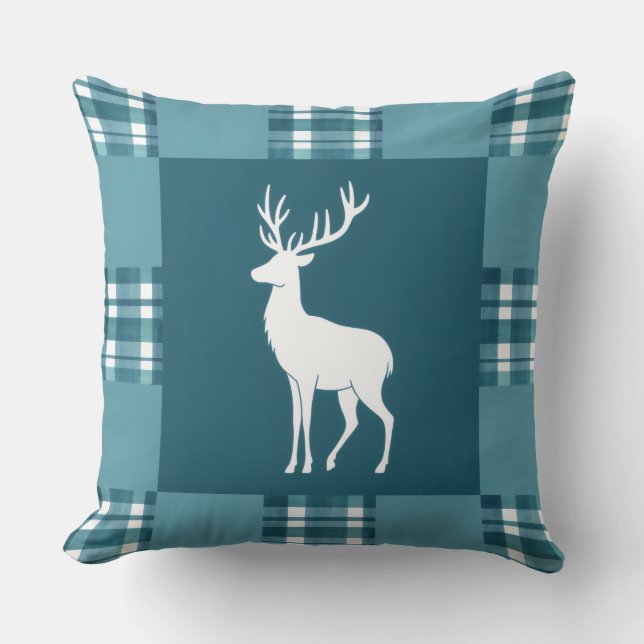 Blauwgroen Plaid met White Deer Silhouette Kussen (Voorkant)