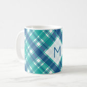 Blauwgroen Plaid Monogram Koffiemok (Voorkant links)