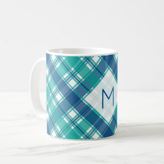 Blauwgroen Plaid Monogram Koffiemok (Voorkant links)