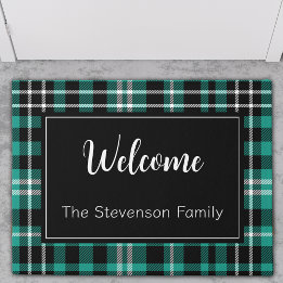 Blauwgroen Plaid Welkom Monogrammed familienaam Deurmat